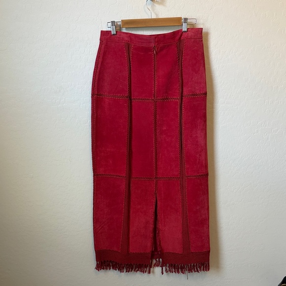 Vintage Genuine Suede Leather Patchwork Red Maxi Skirt - Picture 4 of 5